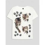 Women's T Shirt Basic Cat Print Short Sleeve Regular Tops Round Neck Casual Weekend White - Image 2