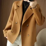 Women's Winter Blazer Coat Fall Double Breasted Lapel Jacket Wool Blend Short Coat with Pockets Warm Black White Camel - Image 5