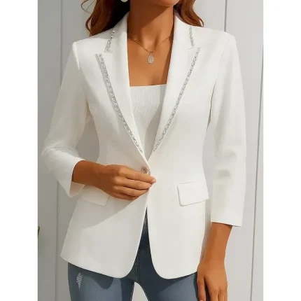 Women's Blazer Comfortable Breathable Pocket Casual Plain Office Street Casual Daily Wear Single Breasted Regular Turndown Regular Fit Long Sleeve Outerwear Black White Spring Fall