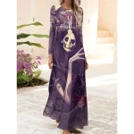 Halloween Women's Skulls Print Maxi Dress Shift Dress A Line Dress Casual Daily Regular Fit Graphic Bull Long Sleeve Crew Neck Black Purple Fall Winter - Image 4