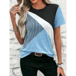 Women's T Shirt Casual Color Block Print Short Sleeve Regular Tops Round Neck Daily Sky Blue Khaki Gray Summer - Image 4