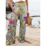 Women's Cotton Linen Pants Wide Leg Chinos Vacation Vintage Ethnic Style Full Length High Waist Floral Pocket Elastic Waist Printing Comfort Outdoor Stretchy Street Causal Daily Grey Red Blue Dark - Image 3
