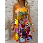 Women's Mini Dress Sundress A Line Dress Off The Shoulder Dress Vacation Casual Boho Holiday Beach Regular Fit Heart Graphic Sleeveless Crew Neck Yellow Red Blue Purple Summer Spring