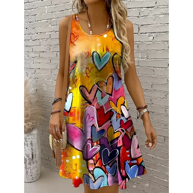 cvmqtg1752488627785.webp Women's Mini Dress Sundress A Line Dress Off The Shoulder Dress Vacation Casual Boho Holiday Beach Regular Fit Heart Graphic Sleeveless Crew Neck Yellow Red Blue Purple Summer Spring - Image 1