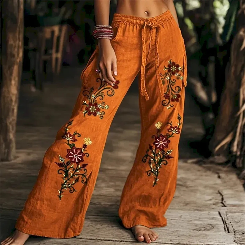 dbpztv1750742488750.webp Women's Pants Trousers Palazzo Pants Fashion Streetwear Comfort Full Length High Waist Floral Elastic Waist Comfy Outdoor Comfortable Street Daily Wear Going out Orange Summer Regular Fit - Image 1