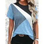 Women's T Shirt Casual Color Block Print Short Sleeve Regular Tops Round Neck Daily Sky Blue Khaki Gray Summer - Image 6