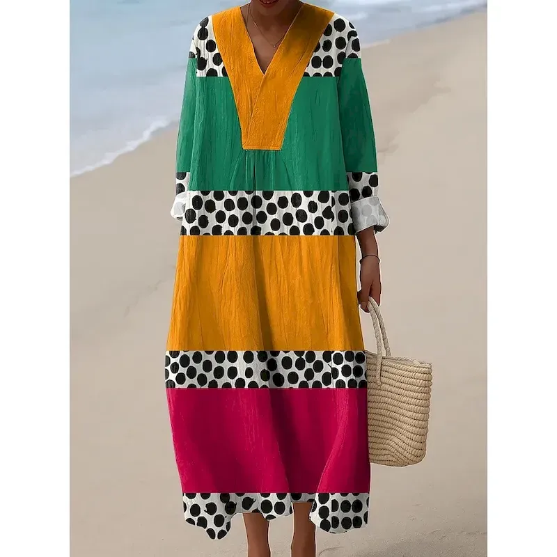 drfmau1753152729468.webp Women's Midi Dress V Neck Long Sleeve Kaftan Lightweight Loose Fit Shift Dress Casual Going out Loose Fit Graphic Geometric Long Sleeve V Neck Dark Yellow Yellow Pink Blue Fall - Image 1