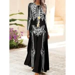 Halloween Women's Skulls Print Maxi Dress Shift Dress A Line Dress Casual Daily Regular Fit Graphic Bull Long Sleeve Crew Neck Black Purple Fall Winter