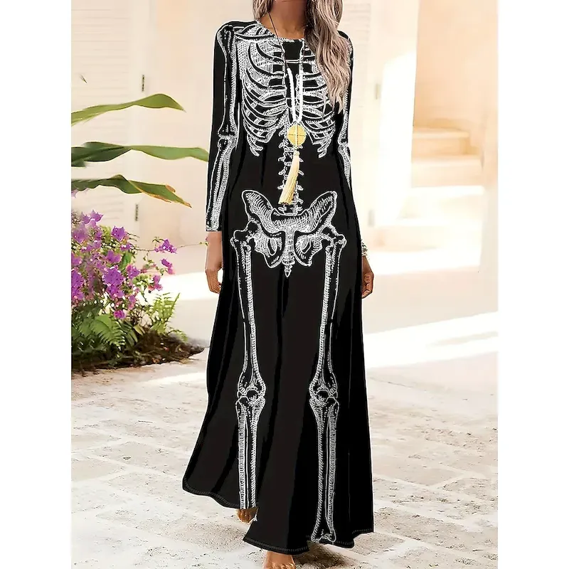 ehttos1755858843496.webp Halloween Women's Skulls Print Maxi Dress Shift Dress A Line Dress Casual Daily Regular Fit Graphic Bull Long Sleeve Crew Neck Black Purple Fall Winter - Image 1