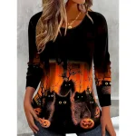 Halloween Women's T shirt Pumpkin Graphic Cat Vintage Stylish Classic Long Sleeve Crew Neck Regular Tops Daily Print Orange Spring Fall Winter