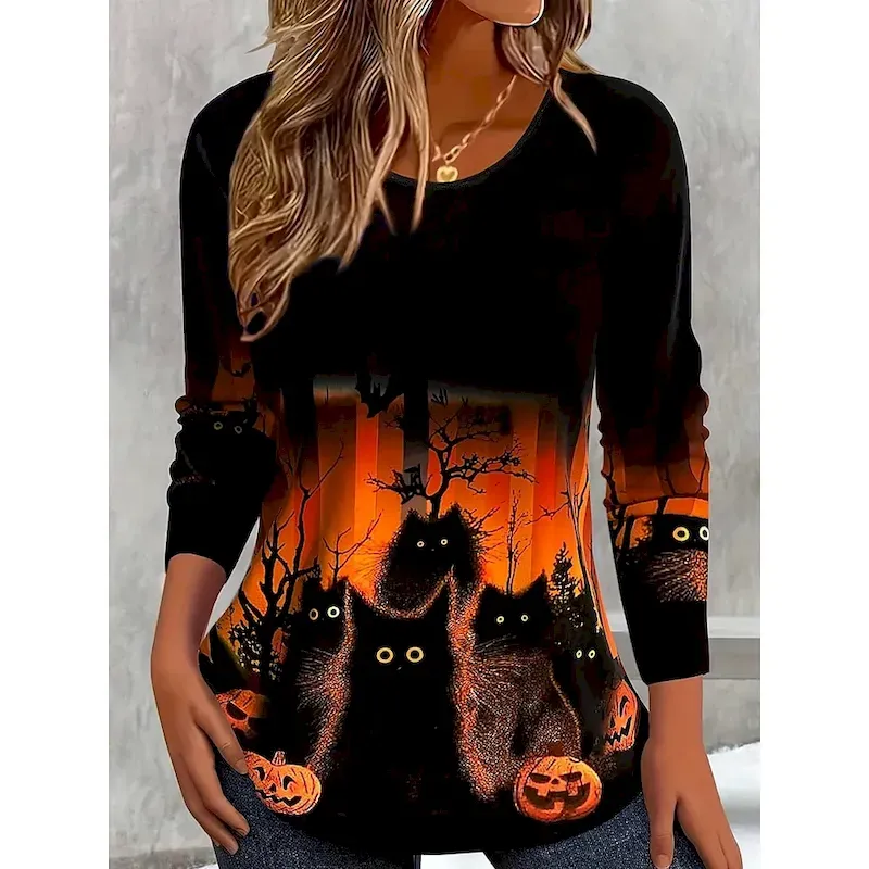 esyslm1755686536375.webp Halloween Women's T shirt Pumpkin Graphic Cat Vintage Stylish Classic Long Sleeve Crew Neck Regular Tops Daily Print Orange Spring Fall Winter - Image 1