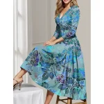 Women's Midi Dress Party Dress Cocktail Dress Wedding Guest Dress Swing Dress Fashion Party Modern Formal Winter Dress Vacation Regular Fit Floral 3/4 Length Sleeve Deep V Red Blue Green Spring Fall - Image 3