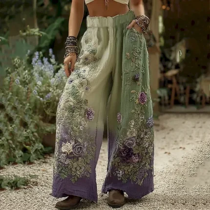 Women's Wide Leg Pants Trousers Palazzo Pants Vintage Boho Full Length High Waist Flower Elastic Waist Printing Breathability Comfortable Street Daily Wear Going out Green Spring Fall Regular Fit
