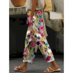 Women's Cotton Linen Pants Baggy Pants Linen Like Fashion Streetwear Full Length High Waist Floral Graphic Printing Thermal Warm Breathable Soft Micro-elastic Outdoor Daily off-white Fall Winter - Image 4