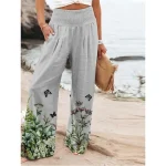 Women's Cotton Linen Pants Wide Leg Chinos Vacation Vintage Ethnic Style Full Length High Waist Floral Pocket Elastic Waist Printing Comfort Outdoor Stretchy Street Causal Daily Grey Red Blue Dark - Image 5