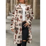 Women's Sherpa Jacket Street Daily Wear Fall Winter Regular Coat Regular Fit Warm Breathable Comtemporary Stylish Plush Jacket Long Sleeve Geometric with Pockets Apricot - Image 5