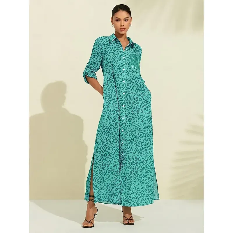 gzuqfo1712128975715.webp Women's Shirt Dress Print Dress Maxi Dress Blue Green Leopard prints Roll up Sleeves Sequin Summer Shirt Collar Leopard Print S M L - Image 1