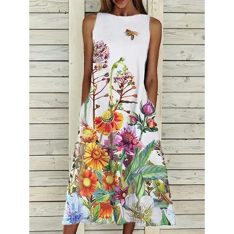 hezbwl1740119618835.webp Women's Midi Dress A Line Dress T Shirt Dress Tee Dress Off The Shoulder Dress Athletic Dress Casual Vacation Daily Regular Fit Floral Sleeveless Off Shoulder Yellow Red Blue Purple Summer - Image 1