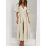 Women's Maxi Dress Casual Dress Swing Dress Basic Casual Vacation Daily Regular Fit Plain Short Sleeve V Neck Black Green Apricot Light Blue Summer