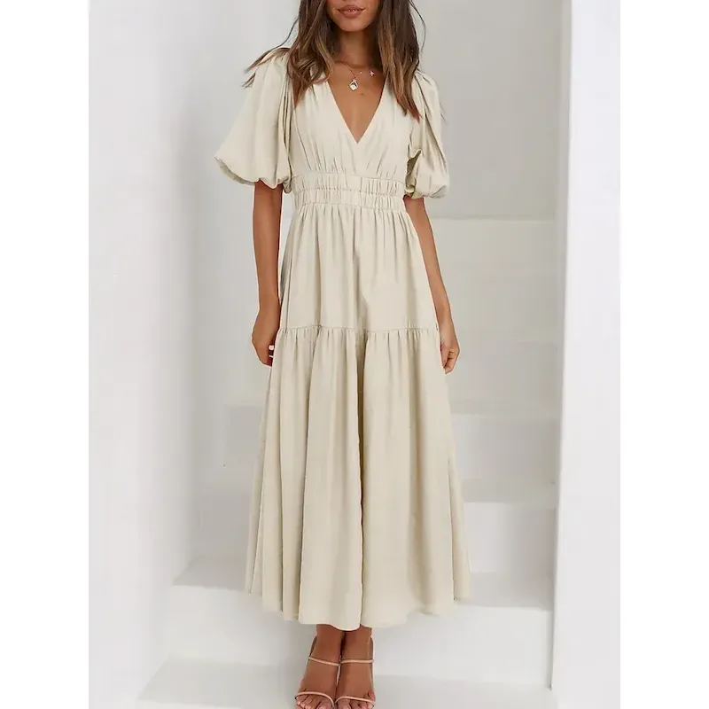 hijnfa1737440159599.webp Women's Maxi Dress Casual Dress Swing Dress Basic Casual Vacation Daily Regular Fit Plain Short Sleeve V Neck Black Green Apricot Light Blue Summer - Image 1