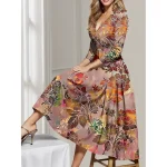 Women's Midi Dress Party Dress Cocktail Dress Wedding Guest Dress Swing Dress Fashion Party Modern Formal Winter Dress Vacation Regular Fit Floral 3/4 Length Sleeve Deep V Red Blue Green Spring Fall