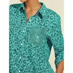 Women's Shirt Dress Print Dress Maxi Dress Blue Green Leopard prints Roll up Sleeves Sequin Summer Shirt Collar Leopard Print S M L - Image 4
