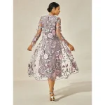 Women's Tea Length Cocktail Dress Dress Set Wedding Guest Dress A Line Dress Elegant Formal Wedding Party Regular Fit Floral Long Sleeve Crew Neck Gray Pink Summer Spring Fall - Image 2