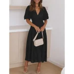 Women's Maxi Dress Casual Dress Swing Dress Basic Casual Vacation Daily Regular Fit Plain Short Sleeve V Neck Black Green Apricot Light Blue Summer - Image 5