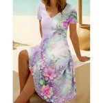 Women's Mini Dress T Shirt Dress Tee Dress Sundress A Line Dress Vacation Casual Beach Going out Beach Floral Graphic Short Sleeve V Neck Light Green Light Brown Purple Lilac Summer - Image 5