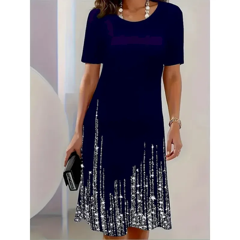 jiorgd1755080554158.webp Women's Midi Dress Elegant Party Evening Crew Neck Short Sleeve T Shirt Dress Tee Dress Shift Dress Casual Formal Daily Regular Fit Floral Abstract Short Sleeve Crew Neck Black Blue Green Spring - Image 1