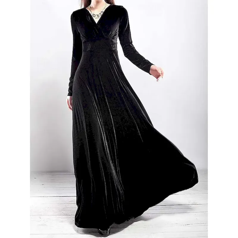 jpavya1756205972623.webp Women's Maxi Dress Sheath Dress A Line Dress Fit And Flare Dress Party Birthday Formal Wedding Party Wedding Guest Regular Fit Plain Long Sleeve V Neck Black Red Purple Spring Fall Winter Autumn - Image 1