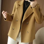 Women's Winter Blazer Coat Fall Double Breasted Lapel Jacket Wool Blend Short Coat with Pockets Warm Black White Camel - Image 3