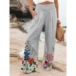 Women's Cotton Linen Pants Wide Leg Chinos Vacation Vintage Ethnic Style Full Length High Waist Floral Pocket Elastic Waist Printing Comfort Outdoor Stretchy Street Causal Daily Grey Red Blue Dark - Image 2