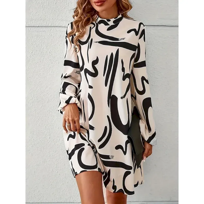 kkvzdx1733390390166.webp Women's Graphic Turtleneck Mini Dress Long Sleeve Summer Spring - Image 1