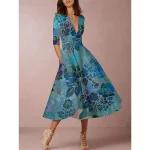 Women's Midi Dress Party Dress Cocktail Dress Wedding Guest Dress Swing Dress Fashion Party Modern Formal Winter Dress Vacation Regular Fit Floral 3/4 Length Sleeve Deep V Red Blue Green Spring Fall - Image 4