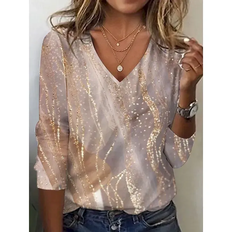 mbocxk1725450714833.webp Women's T shirt Long Sleeve V Neck Long Sleeve Tunic Fashion Casual Print Regular Tops Daily Yellow Spring Fall Prefall - Image 1