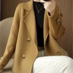 Women's Winter Blazer Coat Fall Double Breasted Lapel Jacket Wool Blend Short Coat with Pockets Warm Black White Camel - Image 4