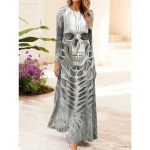 Halloween Women's Skulls Print Maxi Dress Shift Dress A Line Dress Casual Daily Regular Fit Graphic Bull Long Sleeve Crew Neck Black Purple Fall Winter - Image 6