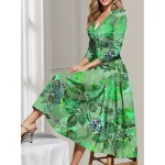 Women's Midi Dress Party Dress Cocktail Dress Wedding Guest Dress Swing Dress Fashion Party Modern Formal Winter Dress Vacation Regular Fit Floral 3/4 Length Sleeve Deep V Red Blue Green Spring Fall - Image 5