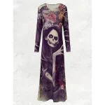 Halloween Women's Skulls Print Maxi Dress Shift Dress A Line Dress Casual Daily Regular Fit Graphic Bull Long Sleeve Crew Neck Black Purple Fall Winter - Image 5