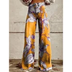 Women's Wide Leg Chinos Vacation Fashion Streetwear Full Length High Waist Floral Pocket Printing Comfy Soft Comfortable Micro-elastic Outdoor Street White Yellow Navy Blue Blue Summer Spring Regular - Image 2