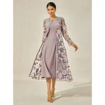 Women's Tea Length Cocktail Dress Dress Set Wedding Guest Dress A Line Dress Elegant Formal Wedding Party Regular Fit Floral Long Sleeve Crew Neck Gray Pink Summer Spring Fall