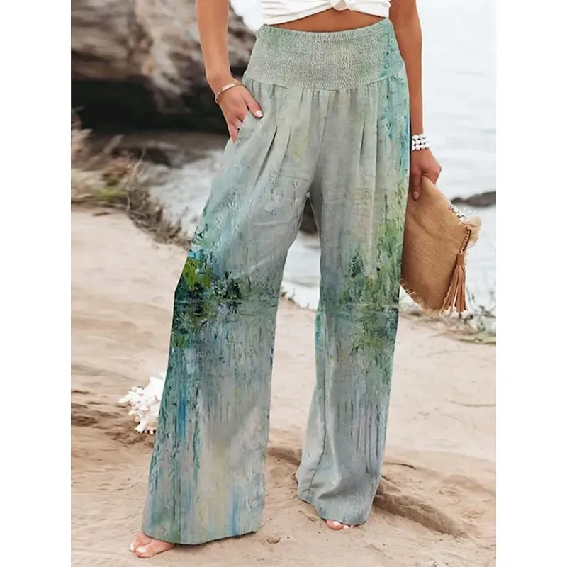 pythig1754616485939.webp Women's Cotton Linen Pants Wide Leg Chinos Vacation Vintage Ethnic Style Full Length High Waist Floral Pocket Elastic Waist Printing Comfort Outdoor Stretchy Street Causal Daily Grey Red Blue Dark - Image 1