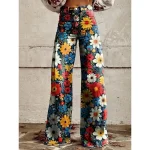 Women's Wide Leg Chinos Vacation Fashion Streetwear Full Length High Waist Floral Pocket Printing Comfy Soft Comfortable Micro-elastic Outdoor Street White Yellow Navy Blue Blue Summer Spring Regular - Image 3