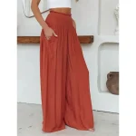 Women's Wide Leg Pants Trousers Vacation Simple Casual Full Length High Waist Plain Pocket Elastic Waist High Cut Comfort Breathability Soft Micro-elastic Home Street Daily Black Brick red Fall Winter - Image 2