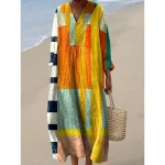 Women's Midi Dress V Neck Long Sleeve Kaftan Lightweight Loose Fit Shift Dress Casual Going out Loose Fit Graphic Geometric Long Sleeve V Neck Dark Yellow Yellow Pink Blue Fall - Image 3