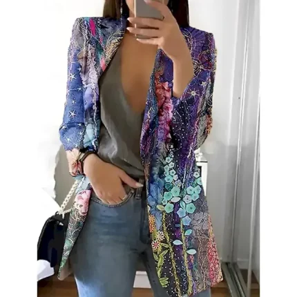 Women's Blazer Comfortable Breathable Pocket Open Front Casual Floral Office Street Casual Daily Wear Single Breasted Long Turndown Regular Fit Long Sleeve Outerwear Light Pink Pink Navy Blue Spring