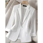 Women's Blazer Comfortable Breathable Pocket Casual Plain Office Street Casual Daily Wear Single Breasted Regular Turndown Regular Fit Long Sleeve Outerwear Black White Spring Fall - Image 2