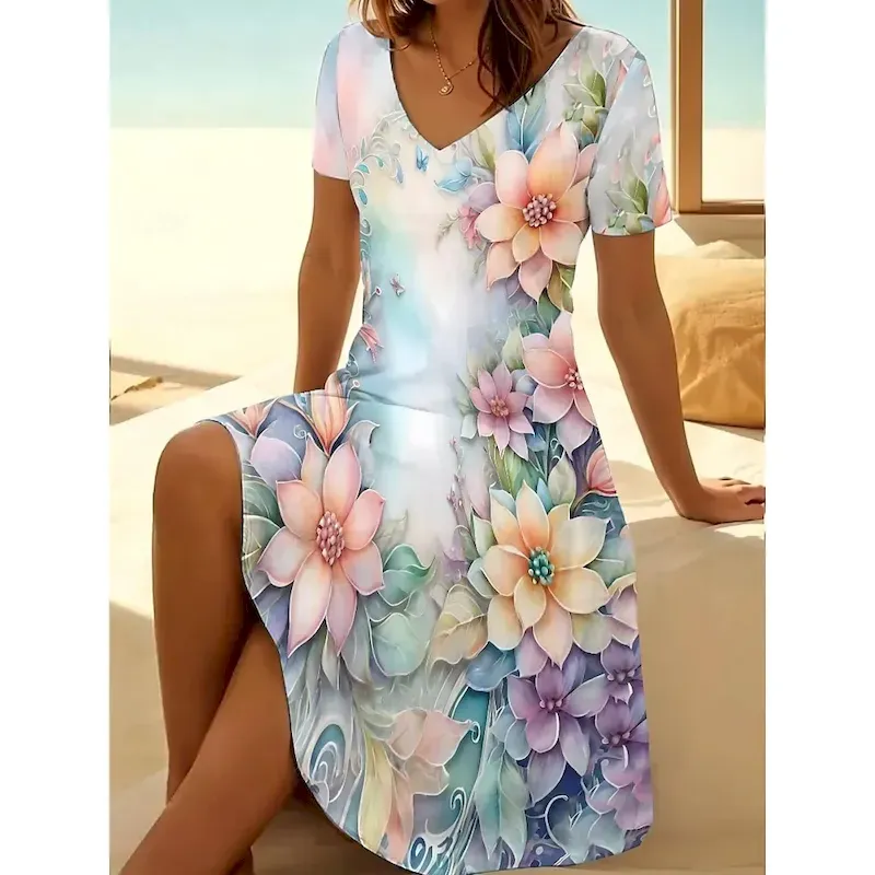 ssgyft1751606542245.webp Women's Mini Dress T Shirt Dress Tee Dress Sundress A Line Dress Vacation Casual Beach Going out Beach Floral Graphic Short Sleeve V Neck Light Green Light Brown Purple Lilac Summer - Image 1