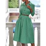 Women's Dress Set Shirt Dress Classic Modern Stripe Buttons Long Dress Maxi Dress 3/4 Length Sleeve Shirt Collar Office Daily Black Blue Green Summer Regular Fit - Image 2